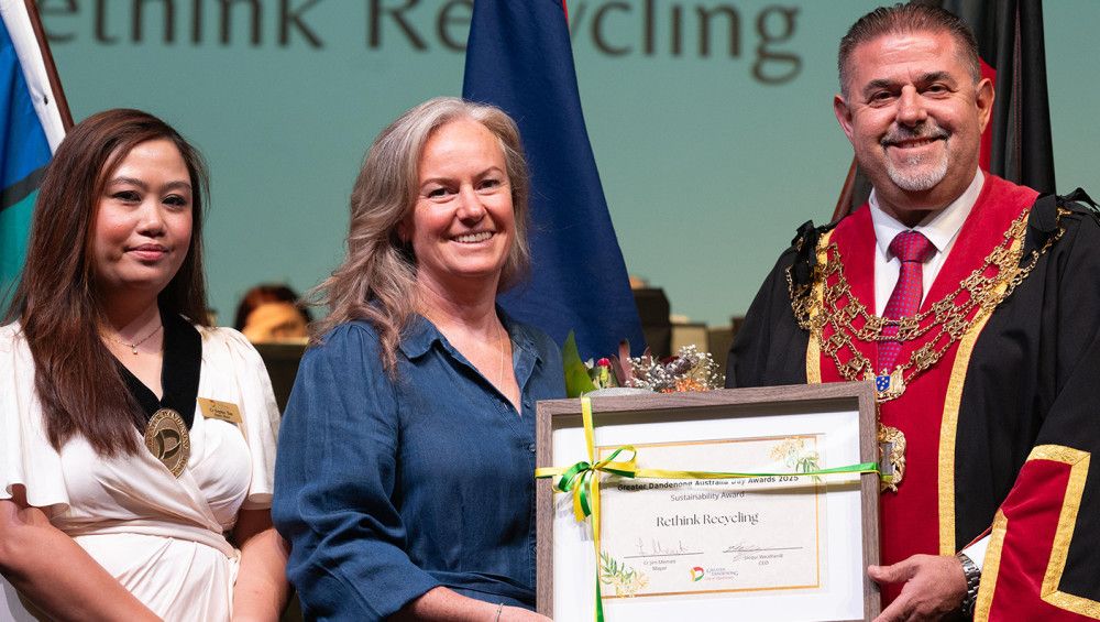 Kym O’Shannassy – Rethink Recycling receiving her award from the Mayor and Deputy Mayor