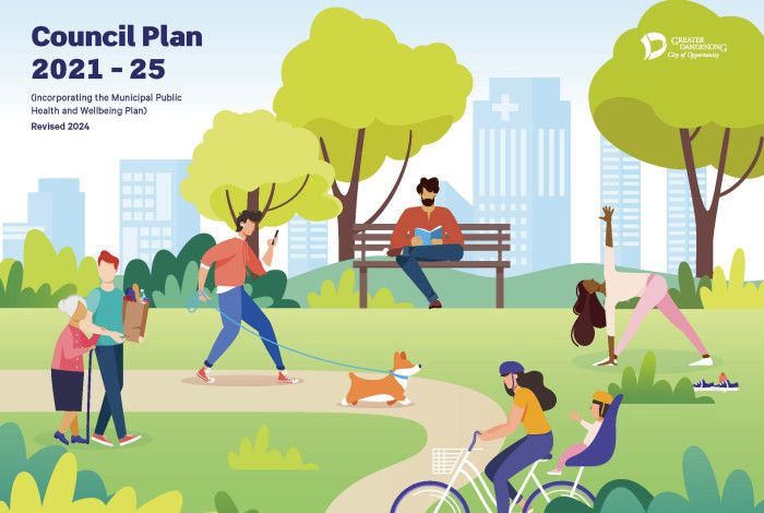 Council Plan cover people in the park, person walking a dog, and bicycle rider