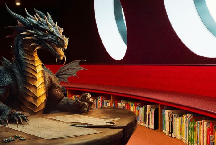 Animated dragon with library shelves in the background.