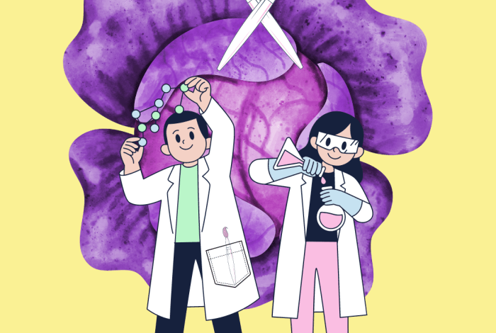 Cartoon purple cabbage in background with two cartoon scientists at the forground.