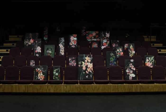 Floral paintings displayed on seating in the Engine Room, Bendigo. 