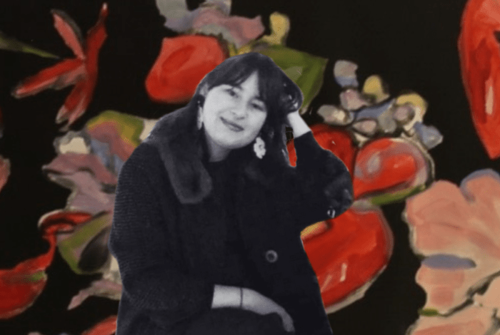 Artist Josephine Mead's portrait with the background of her paintings.