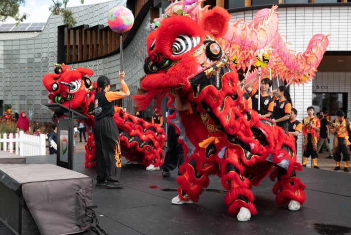 a red lion performing