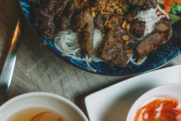 A Vietnamese meal of noodles, beef and sauce