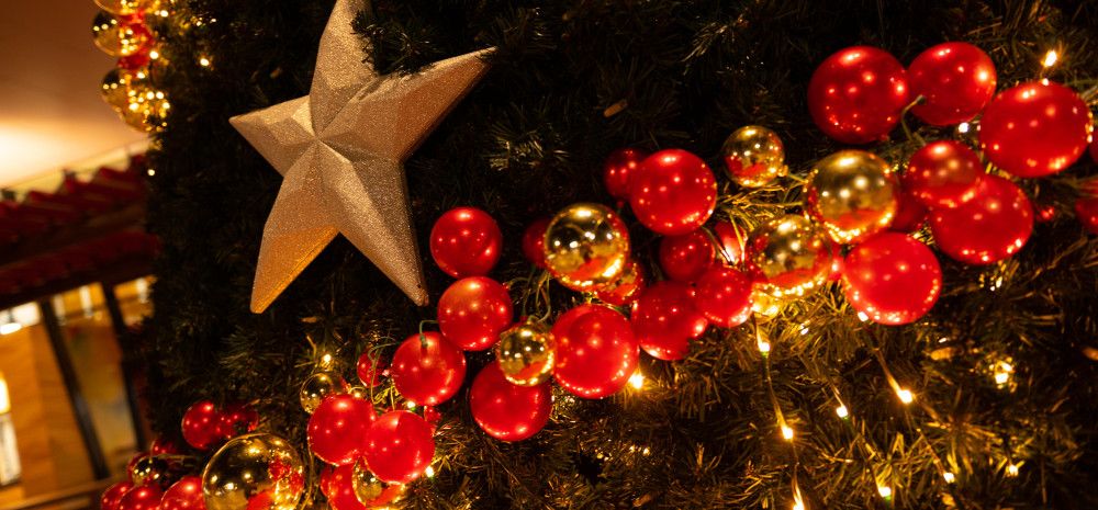 Close up of decorations on a christmas tree