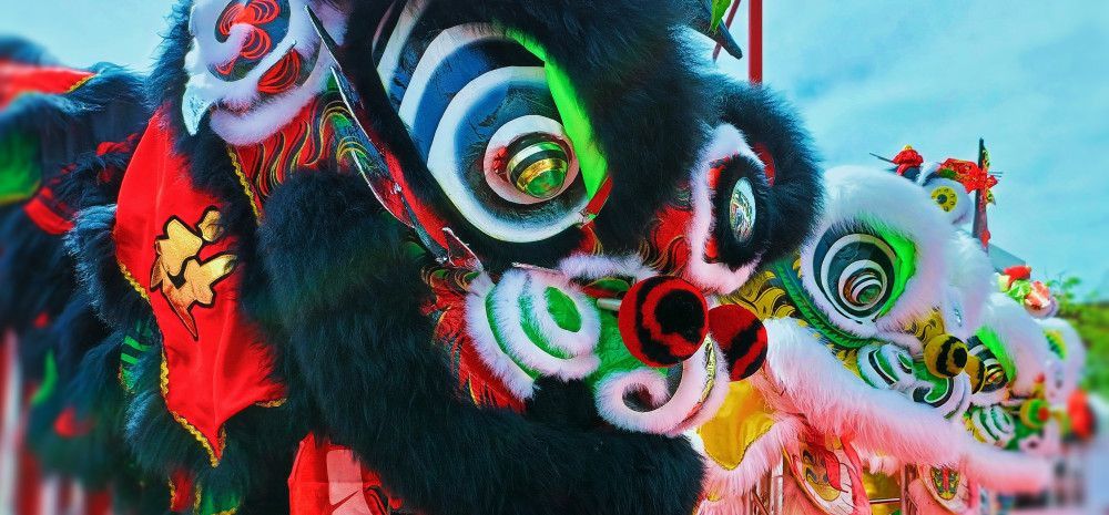 A close up of Lion puppet from the Lion Dance 