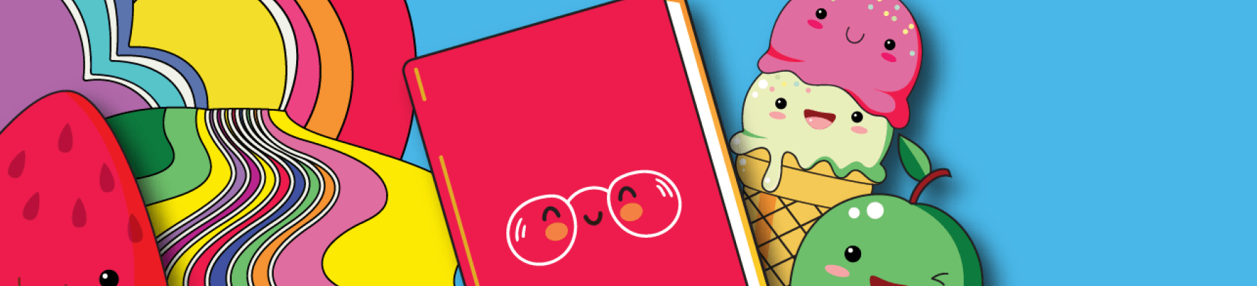 cartoon images of a book, watermelon, ice cream, apple and rainbow and as characters