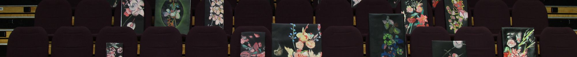 24 floral paintings by artist Josephine Mead installed on theatre seats.