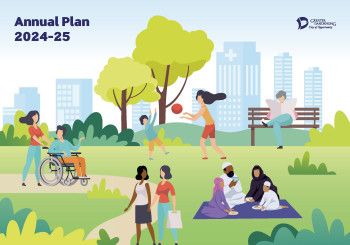 Annual Plan cover, people in the park