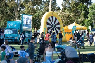 An inflatable soccer dart and truck