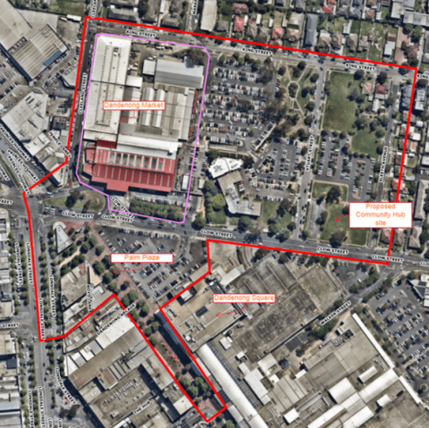 Aerial view of Central Dandenong with text - Dandenong Market, Palm Plaza, Dandenong Square and proposed Community Hub site.