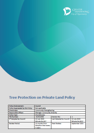 Document cover that reads Tree Protection on Private Land Policy